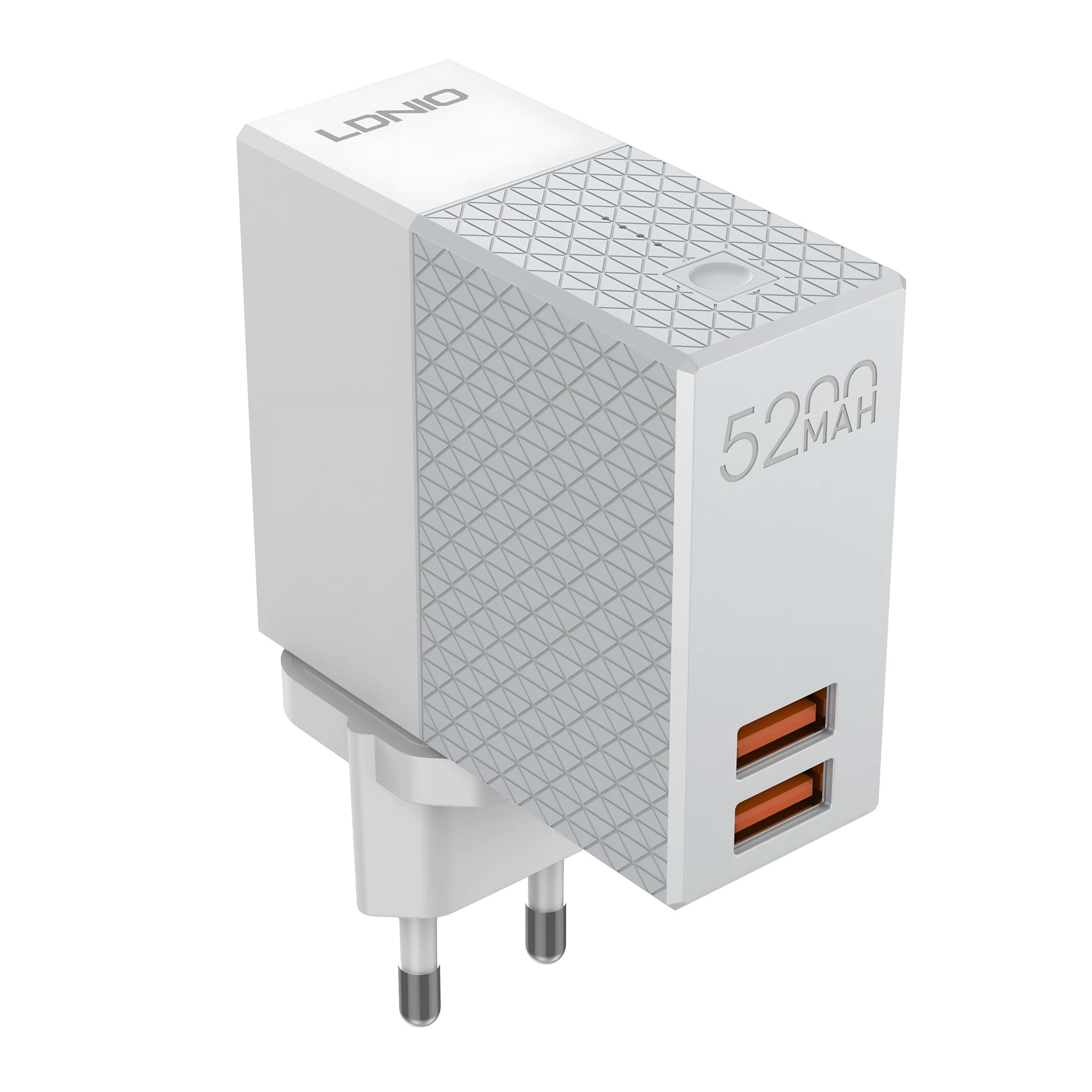 White two-in-one power bank charger with integrated plug, showing UK/US/EU pins and 5200mAh capacity.