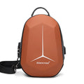Waterproof Oxford cloth chest bag in black, shown with iPad, phone, and wallet to demonstrate 6L capacity.