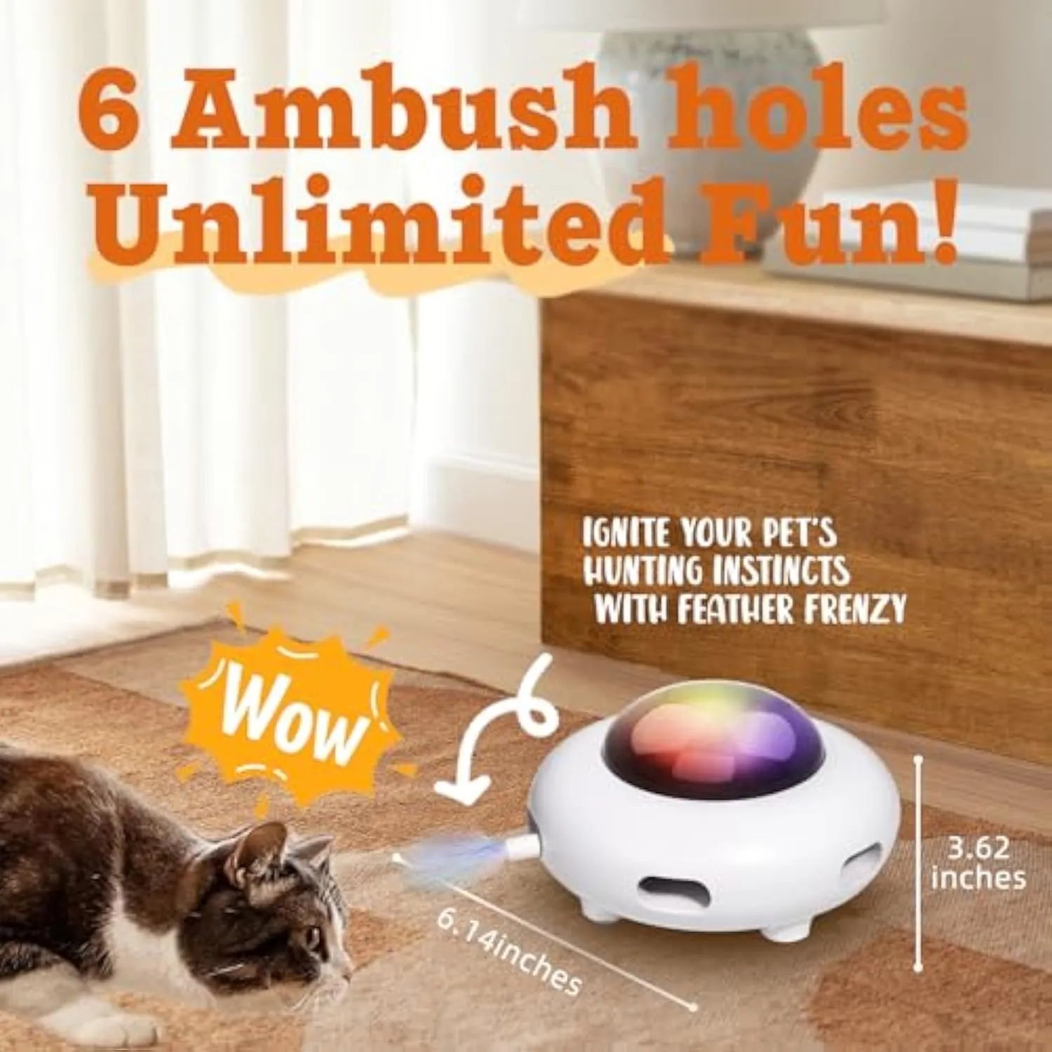 White automatic interactive cat toy with feathers and cleaning ring for indoor cats
