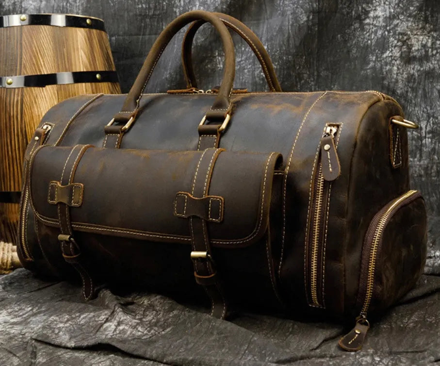 Retro crazy horse leather travel bag 22 inch 36-55L first layer cowhide in red brown or dark brown