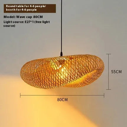 Straw hat-shaped bamboo rattan hanging lamp with woven texture, shown as a pendant ceiling light.