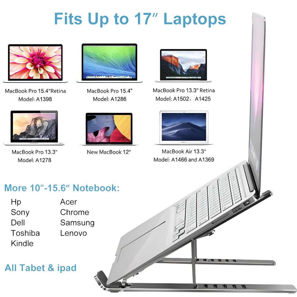 Silver aluminium laptop stand with six adjustable gear positions shown folded