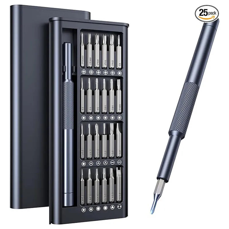 25-in-one precision screwdriver set with magnetic bits and knurled black handle.