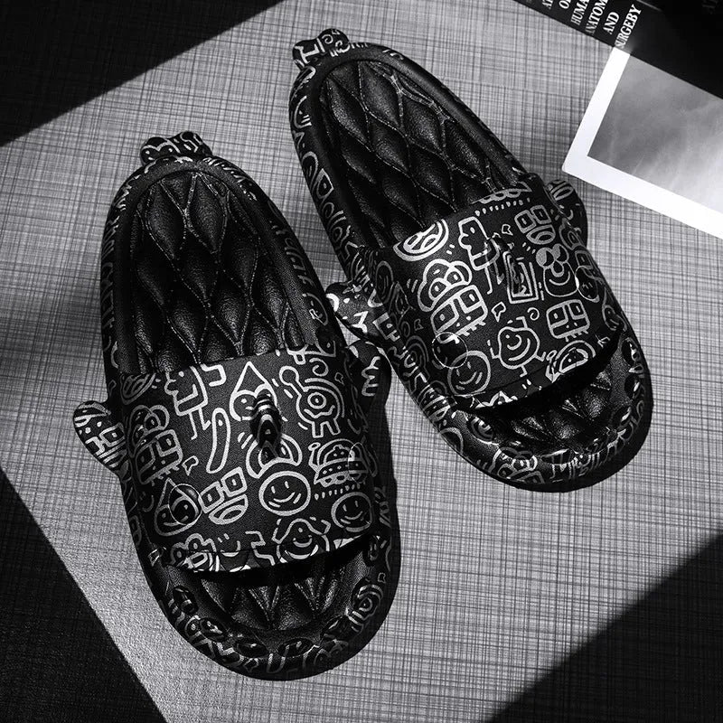 Shark design open-toe EVA slippers in various colours on a white background