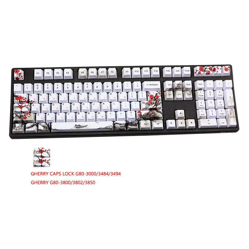 PBT keycap set with Wangjiang plum blossom design, showing Japanese, Korean, and US English legend options