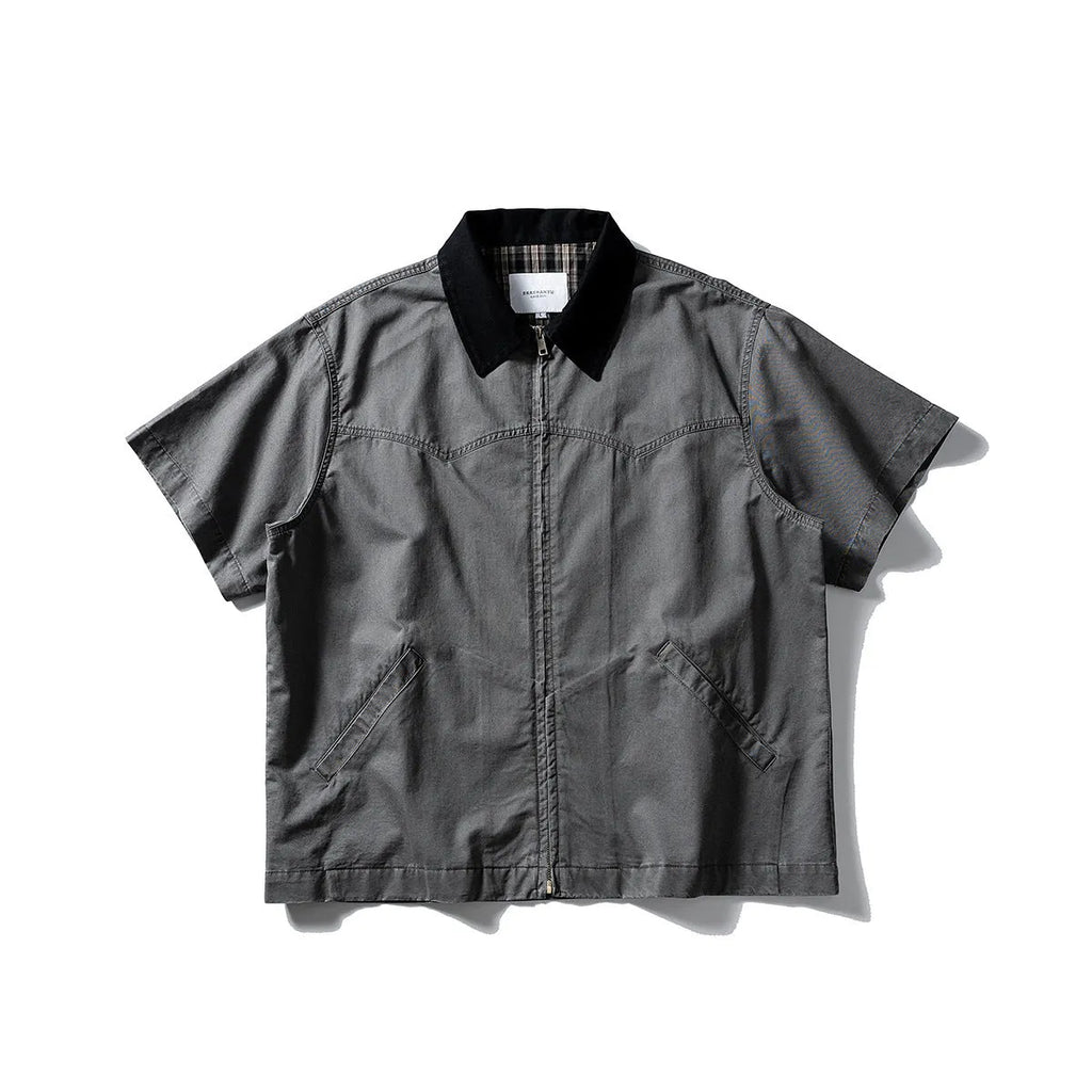 Grey loose-fit washed overalls short sleeve cardigan shirt on a hanger