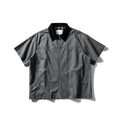 Grey loose-fit washed overalls short sleeve cardigan shirt on a hanger