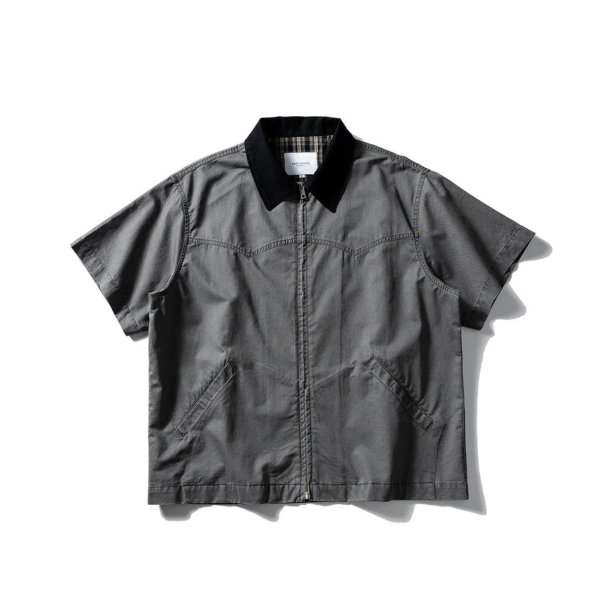 Grey loose-fit washed overalls short sleeve cardigan shirt on a hanger