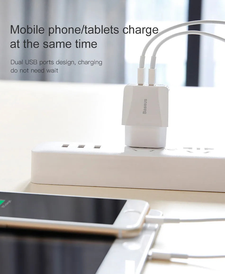 Dual USB EU plug wall charger 2100mA for mobile phones, compatible with iPhone and Samsung S8