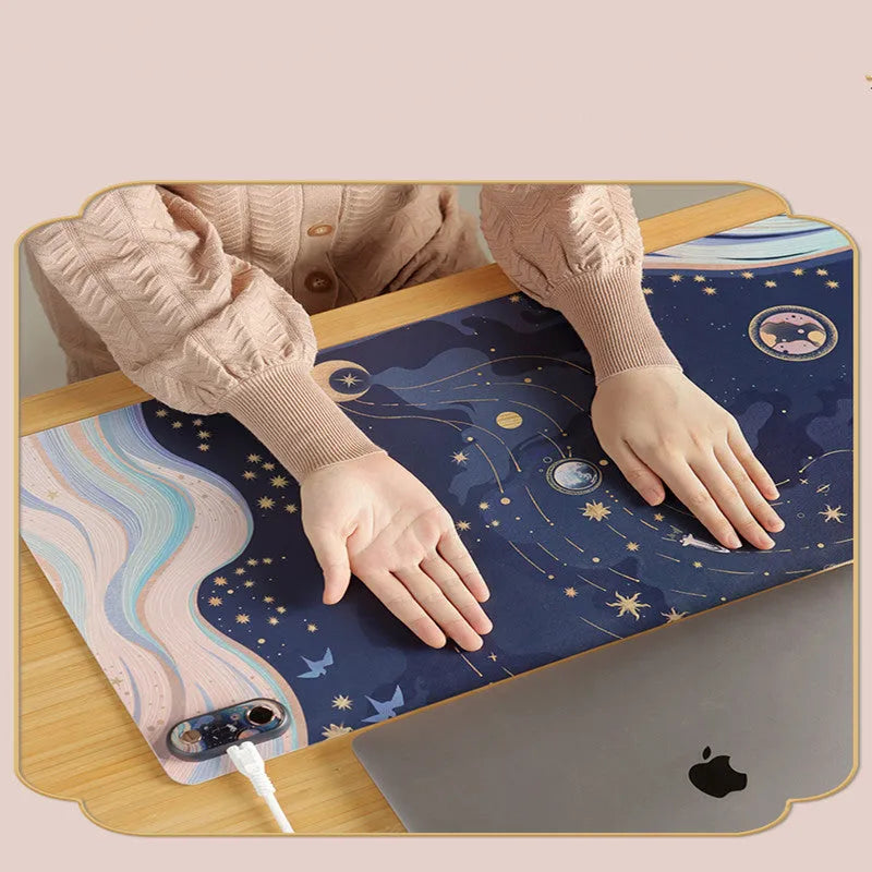 USB desktop heating pad on a desk, showing the fish leaping design on a grey PVC leather surface measuring 30 by 15 cm.
