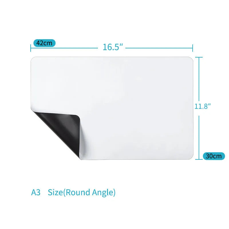 A3 sized soft magnetic whiteboard with rounded corners for sticking to refrigerator doors
