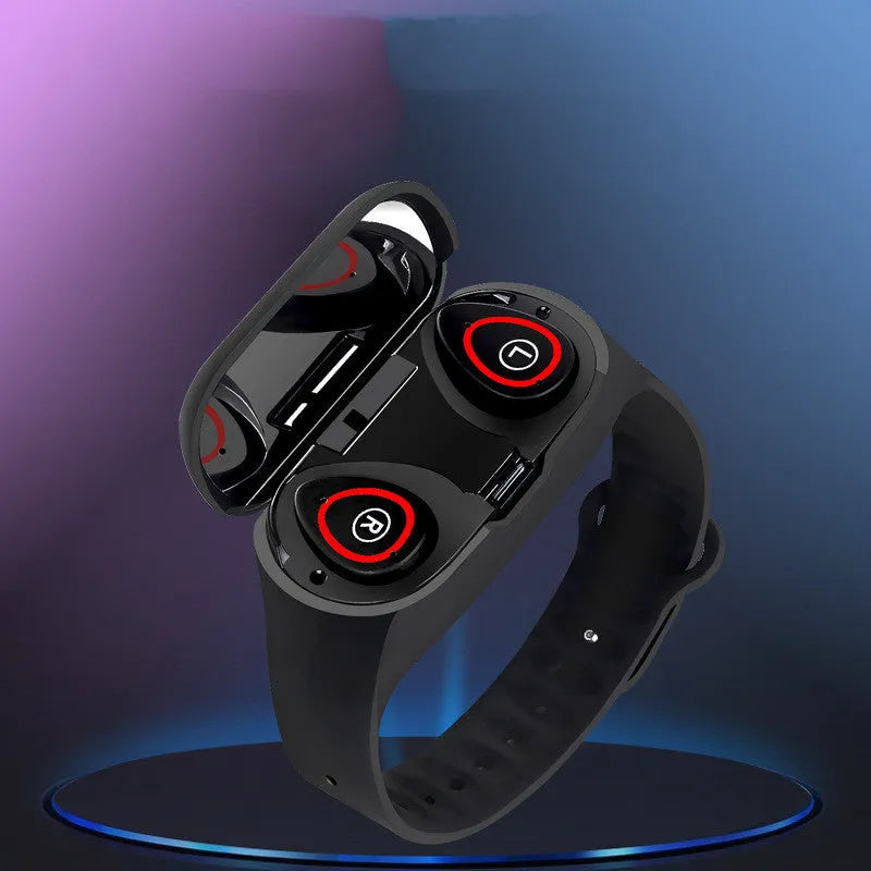 Black silicone smart wristband with 1-inch touchscreen and wireless earphone combination for Android devices