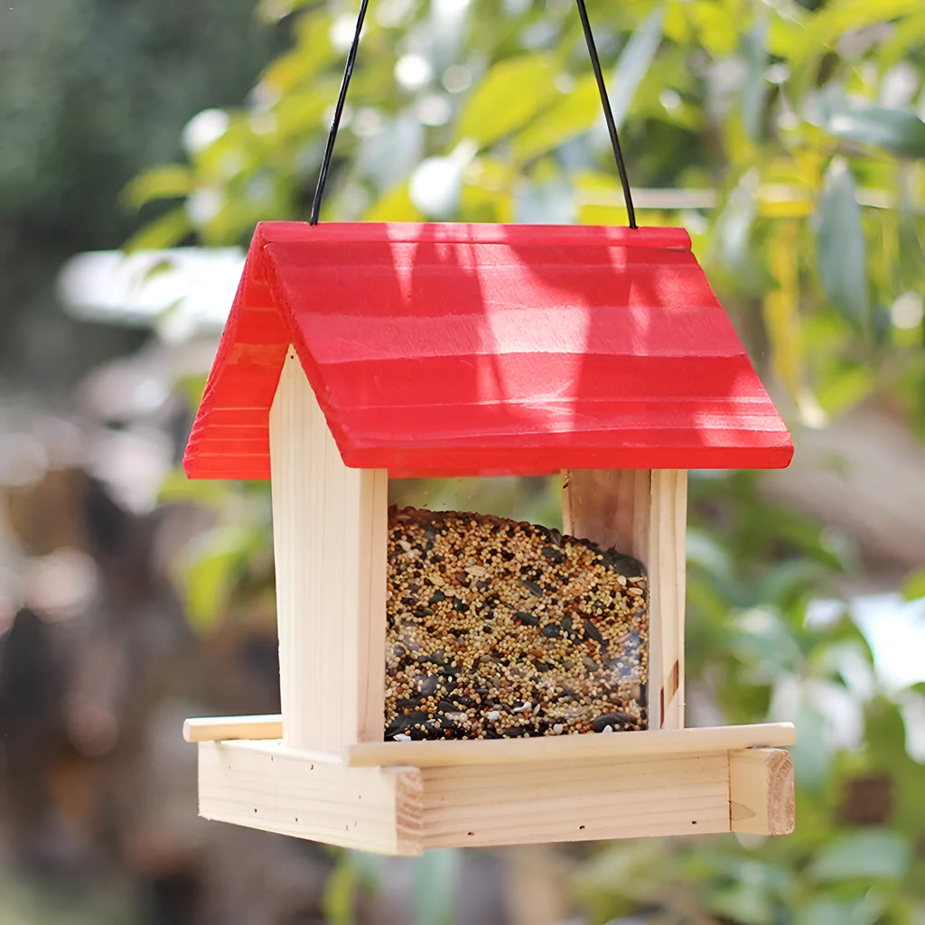 Suspended pine wood bird feeder with red roof and log texture measuring 205x165x210mm