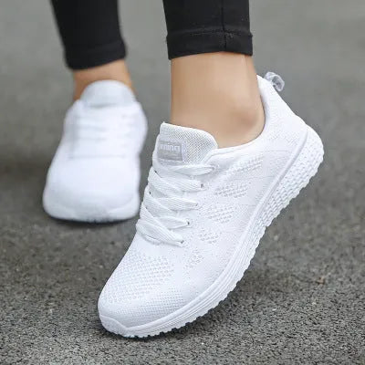 Women casual breathable mesh walking flat shoes with white flying woven upper and MD outsole