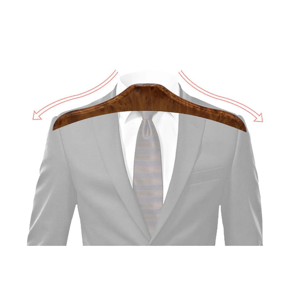 Wood yellow stainless steel and ABS car coat hanger for suits and shirts, shown detached.