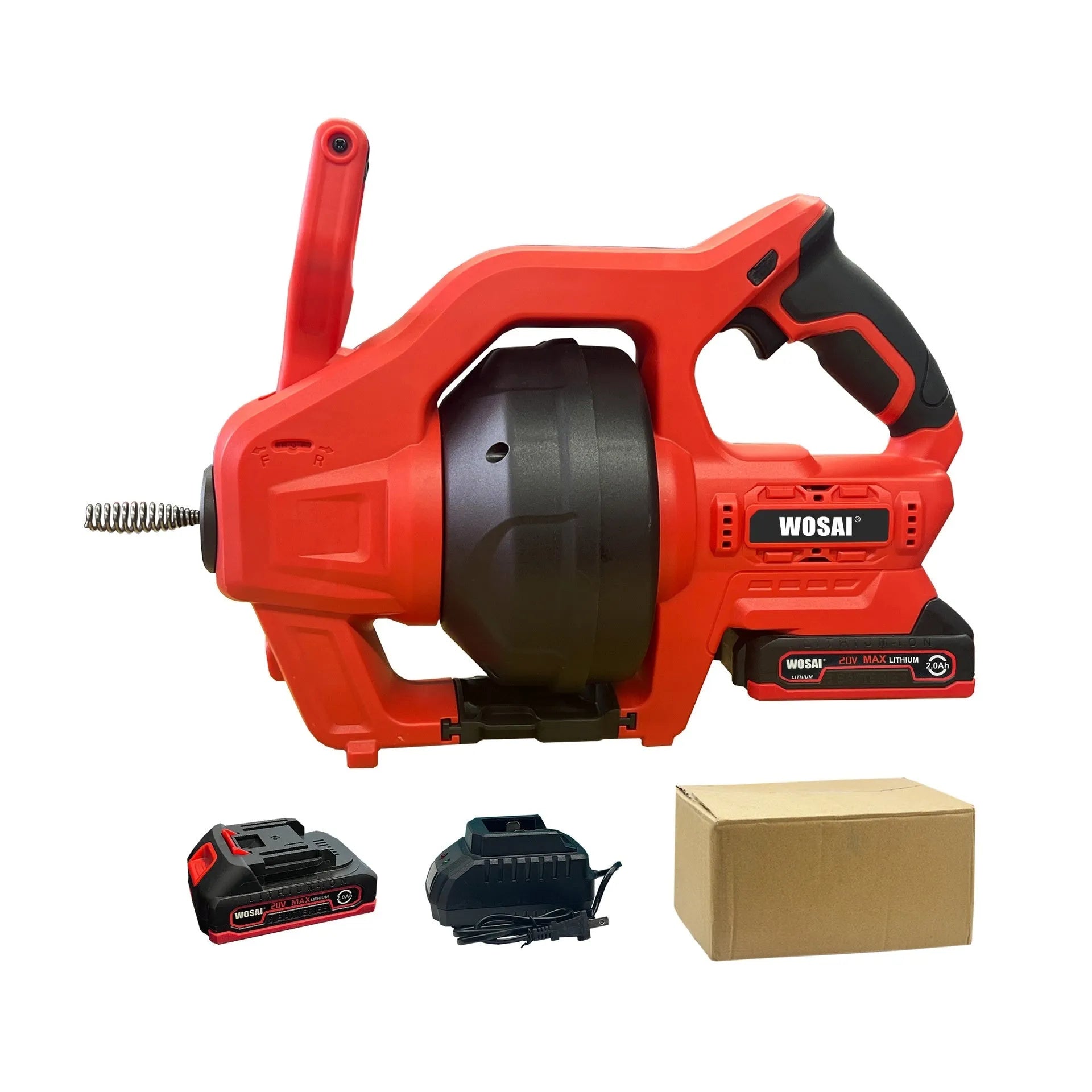 Cordless 20V electric drain cleaner with 7mm flexible shaft and trigger grip, on a white background.