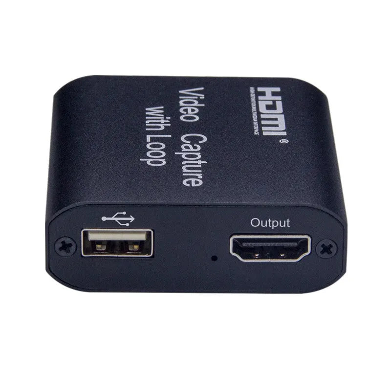 Black HDMI 4K video capture card with loop out and USB interface for computer or smartphone.