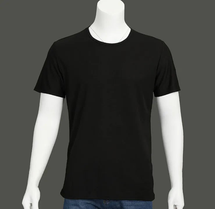 Sports waterproof breathable anti-fouling T-shirt in black with round neck, mesh quick-drying polyester fabric