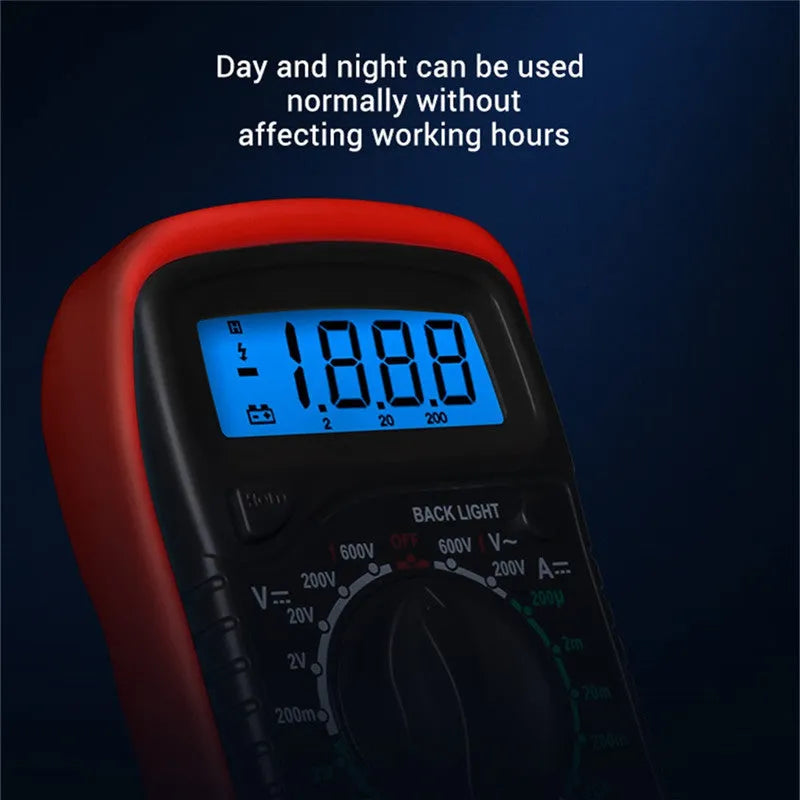 Digital multimeter handheld LCD display black yellow with test leads for voltage current resistance triode measurement