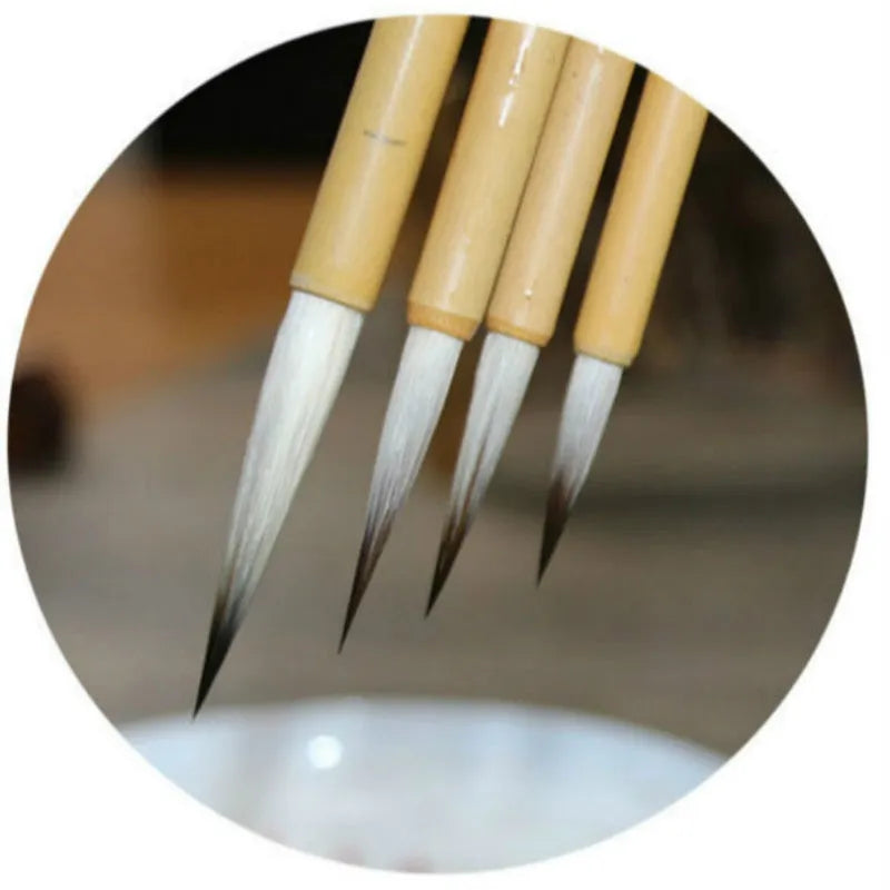 Four gold body writing brushes with wolf wool hook thread and mixed hair materials in pine branch set colour