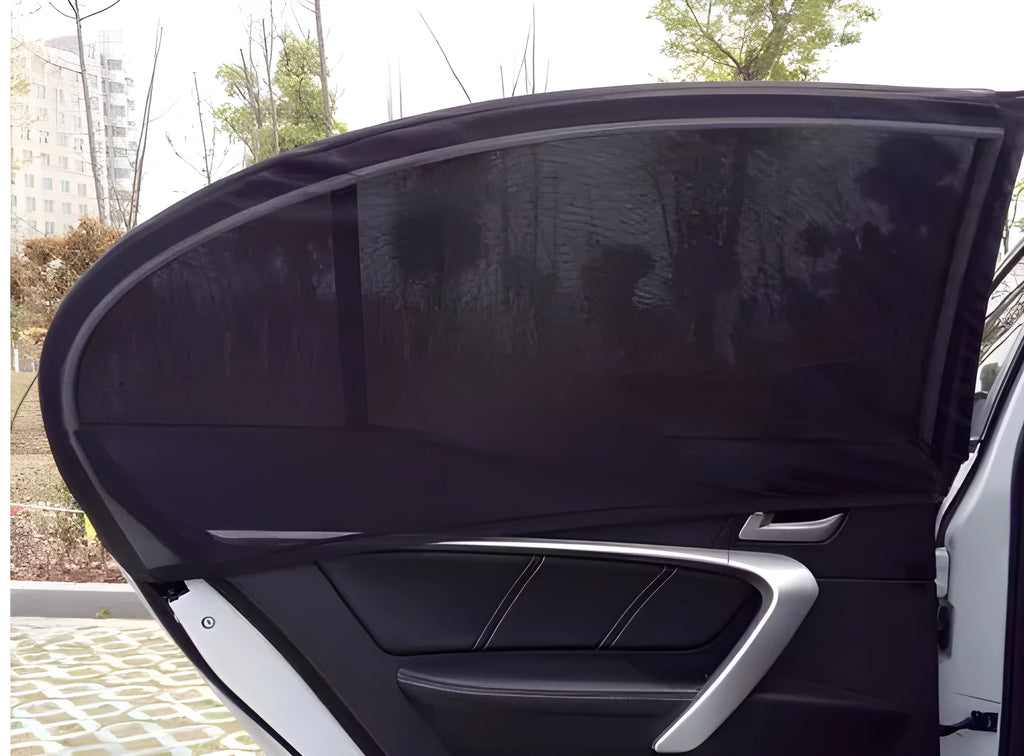 Black polyester mesh car window sunshade with elastic band, sizes 100x54cm to 113x50cm, UV mosquito dust shield