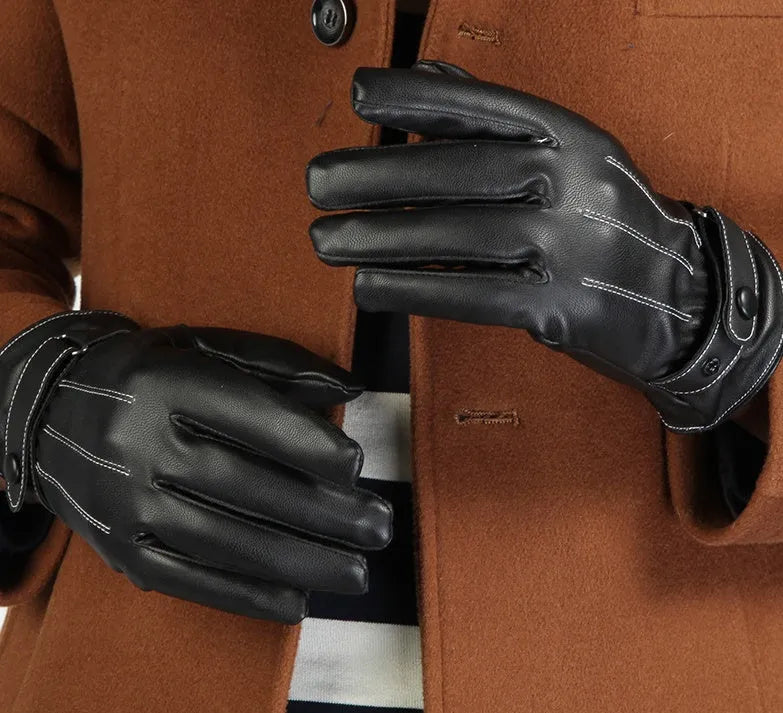 Men's winter leather PU riding gloves with velvet lining and touch screen in monochrome design