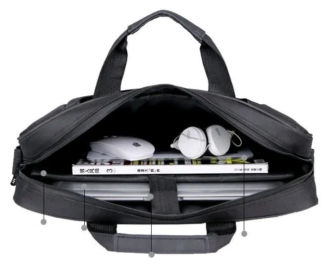 Black polyester diagonal shoulder laptop bag for 15 inch and 15.6 inch computers with multiple internal pockets