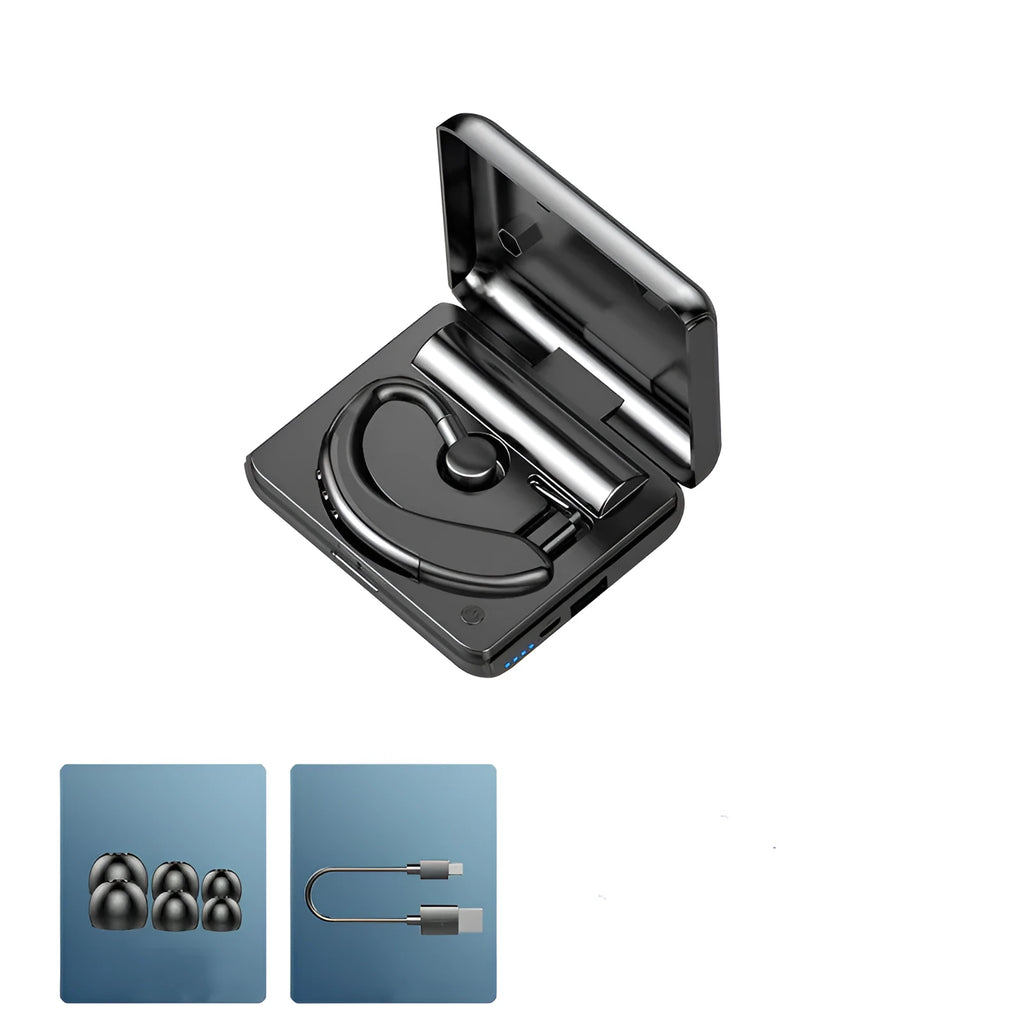 Black wireless TWS stereo earbuds with charging case on a white background