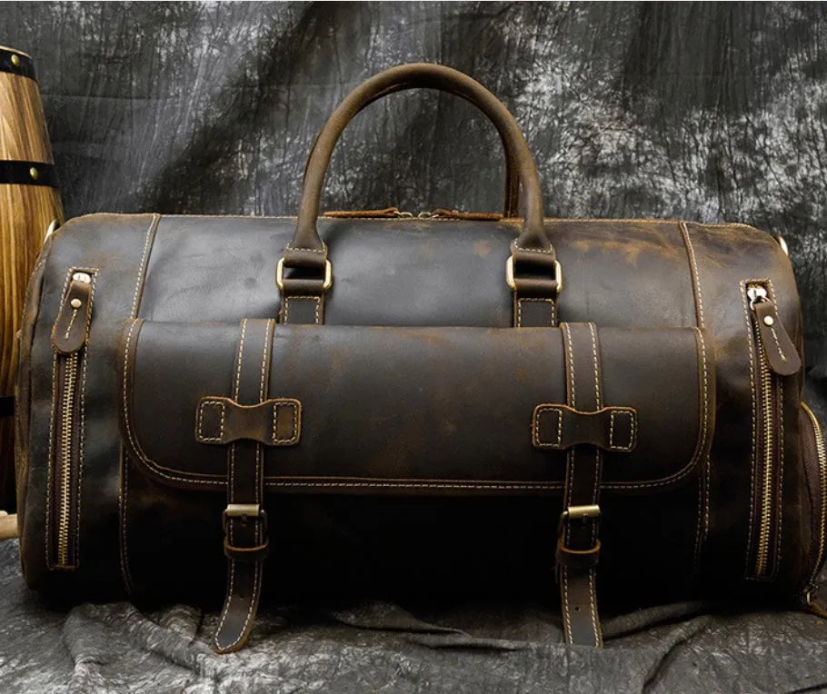 Retro crazy horse leather travel bag 22 inch 36-55L first layer cowhide in red brown or dark brown