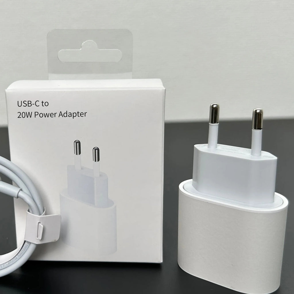 White 20W PD mobile charger with Type-C interface and international plug adapters