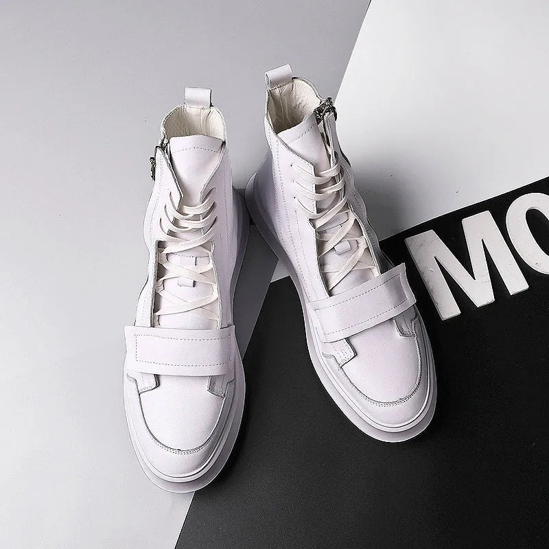 Men's black and white microfiber leather ankle boots in high-top sneaker style, shown with size chart.