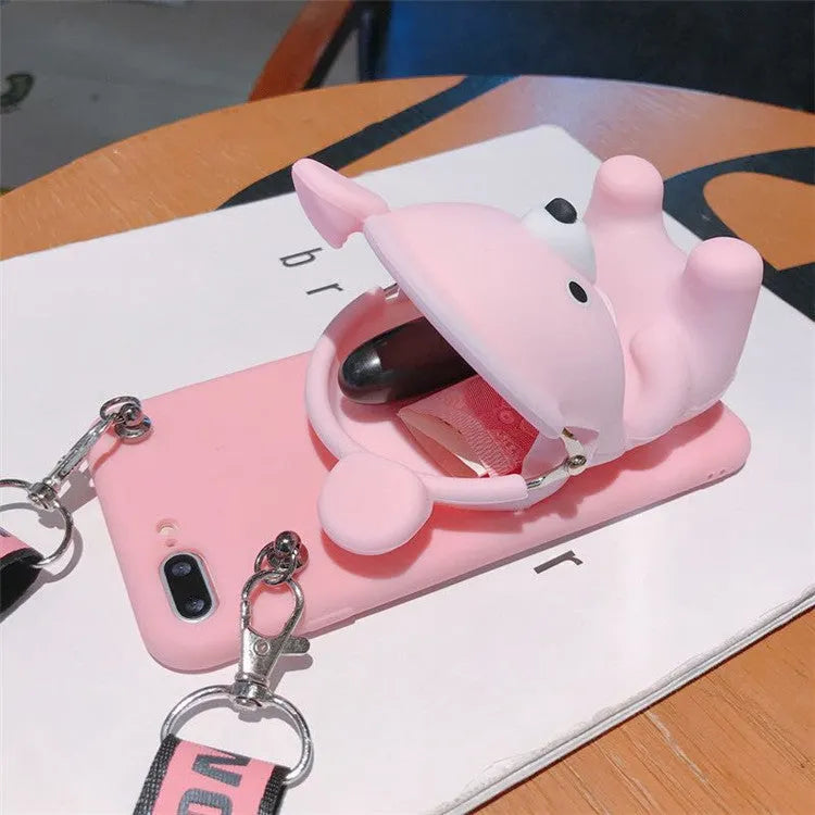 Cute bear coin purse phone case with lanyard in Black for iPhone
