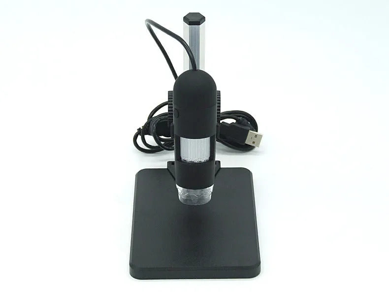 Black USB microscope camera with 8 LED lights, 1000X magnification, focus range 0-40mm
