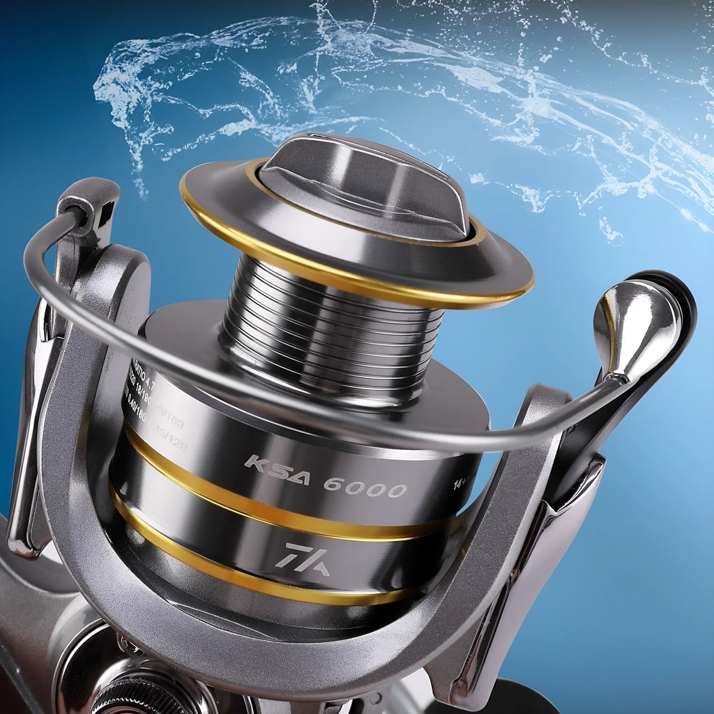 Silver sub fishing line wheel with all-metal rocker arm and metal wire cup on white background