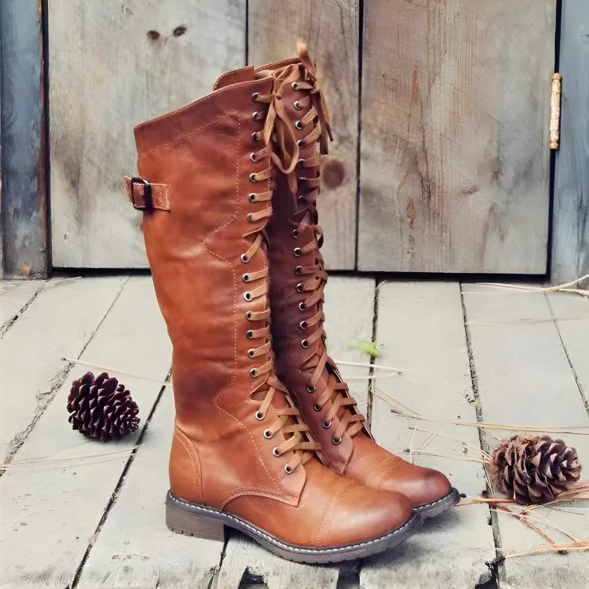 Women's black high-leg boots with a round toe and a low chunky rubber heel on a white background.