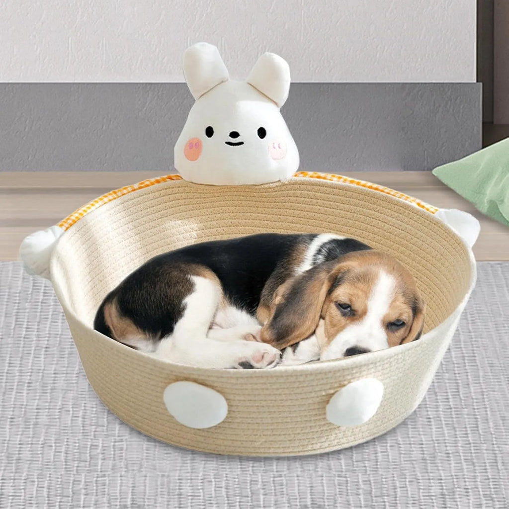 Woven cotton rope cat bed basket with integrated scratching pad in rabbit design