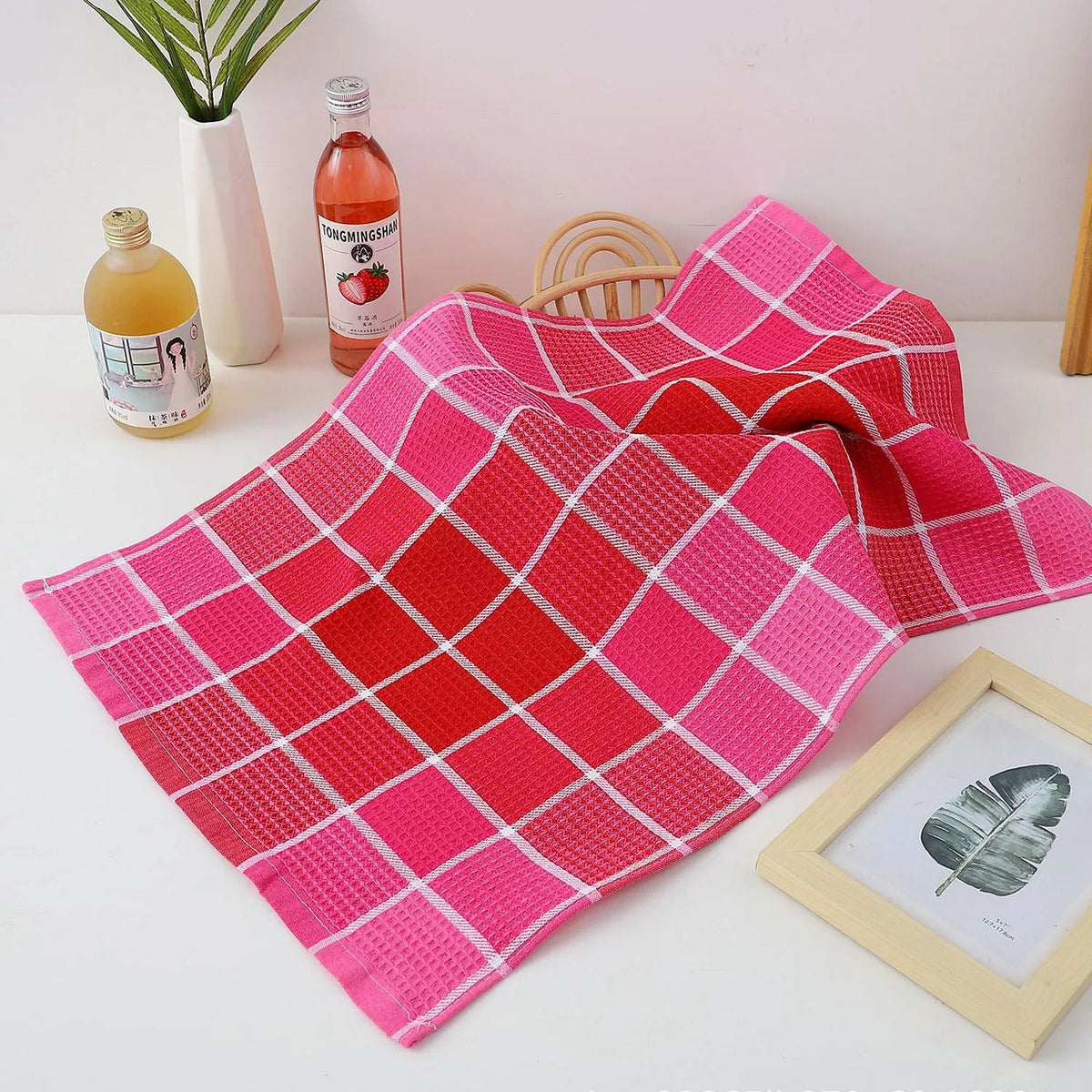 Cotton yarn plaid kitchen dish towel, placemat and rag in blue, brown, green or pink, 38x64cm or 42x68cm