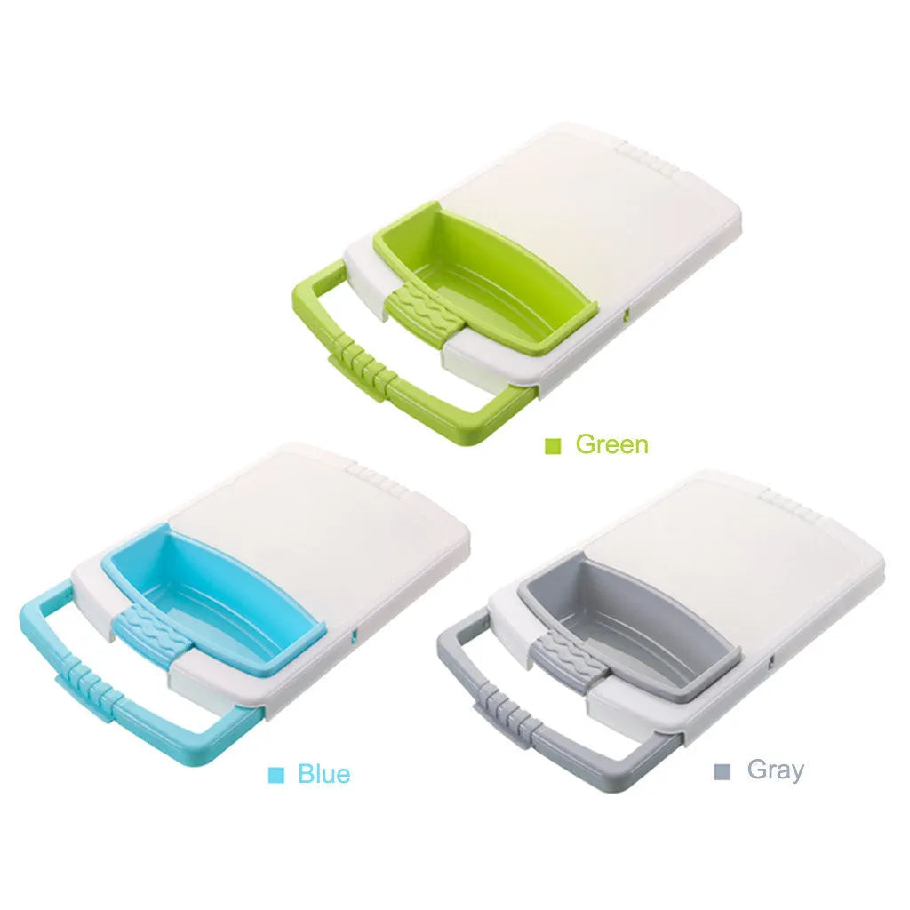 Green multifunction cutting board with drainage holes mounted on a kitchen sink edge.
