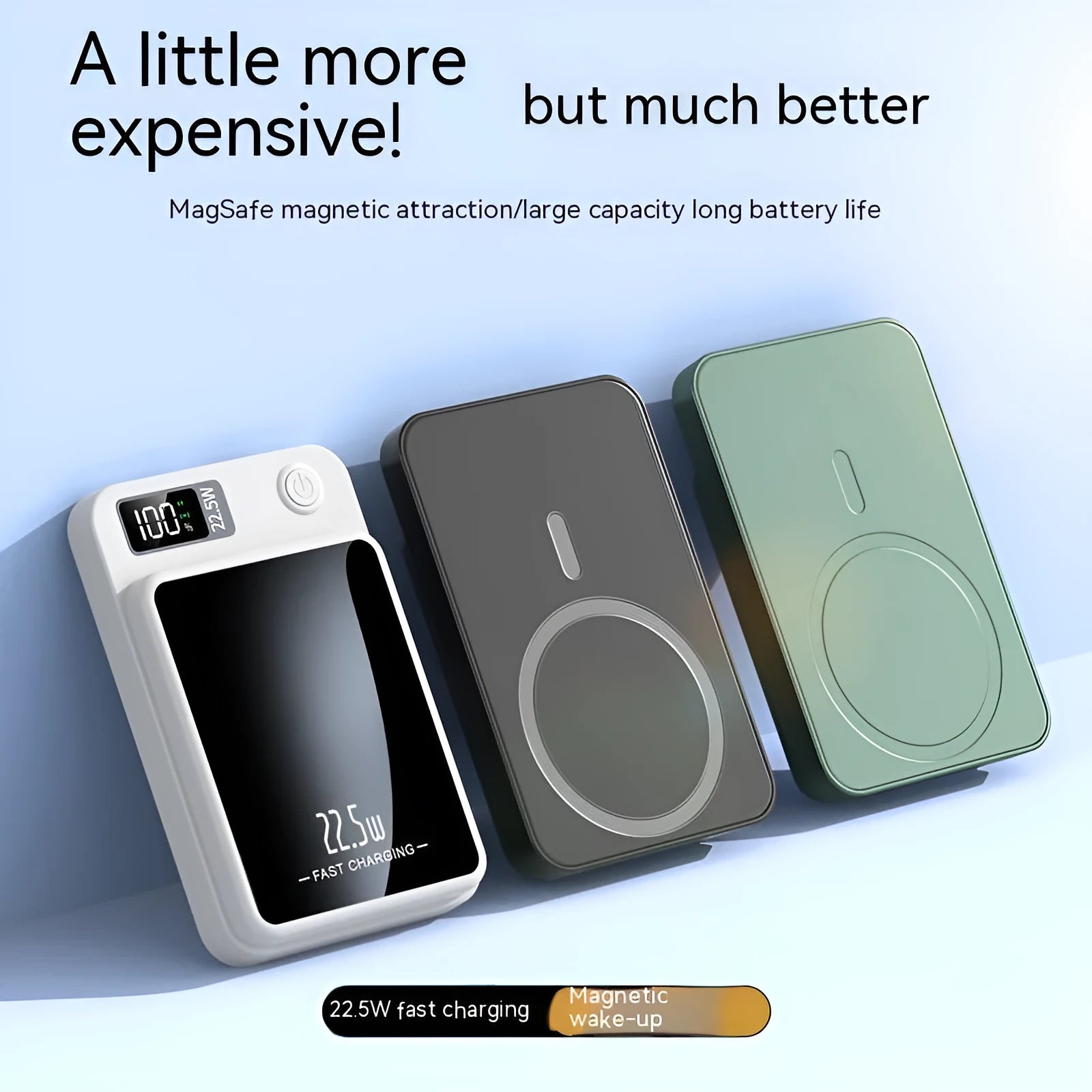 Wireless Magsafe power bank in black with compact industrial design showing charging surface