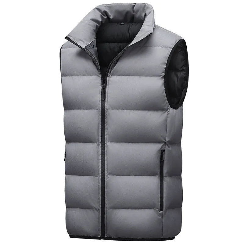 Men's casual breathable polyester waterproof vest in black, front view, straight hem design