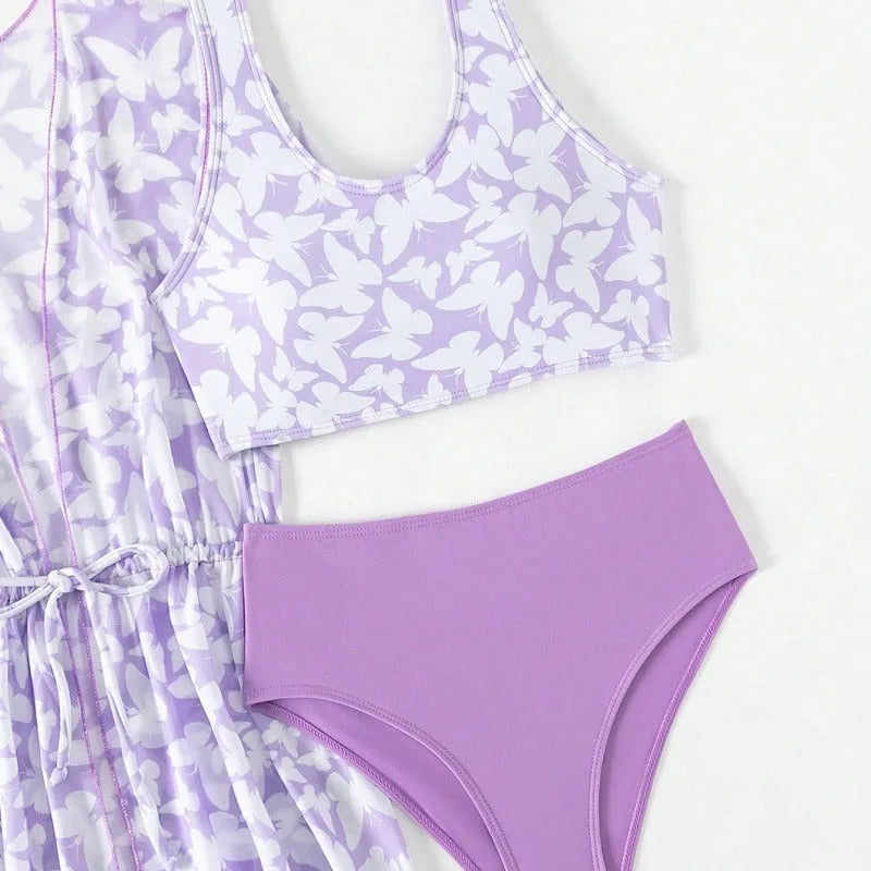 Girls' three piece split swimsuit set in colour 3218 showing coat, vest and matching briefs