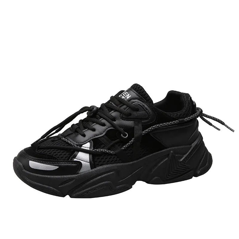 Men's white Korean-style platform dad shoes with lace-up front and thick sole.