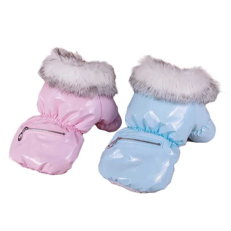 Blue, red, and pink British style cotton down jacket for dogs on a winter background.