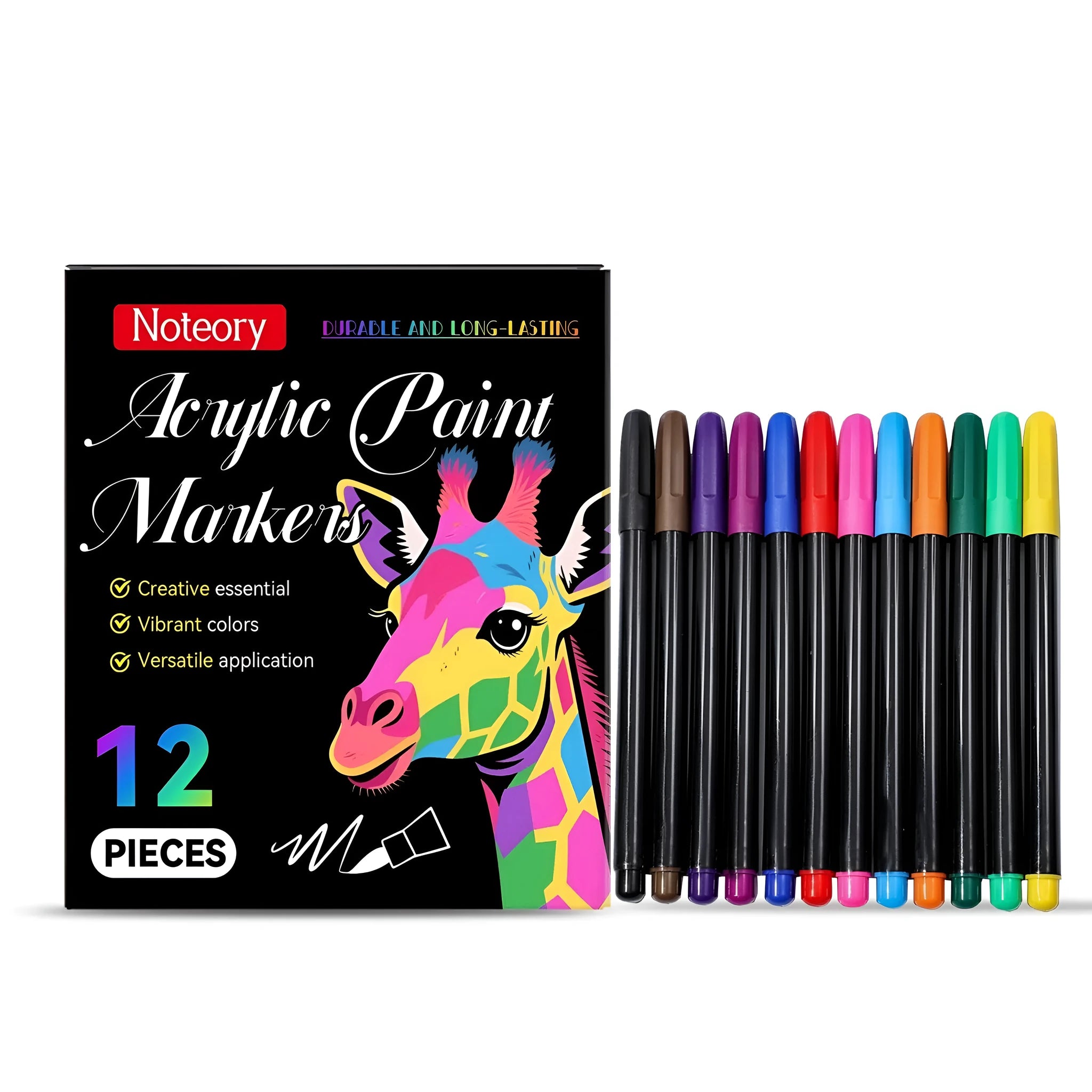 Pack of 12 acrylic paint markers in assorted colours for arts and crafts projects.