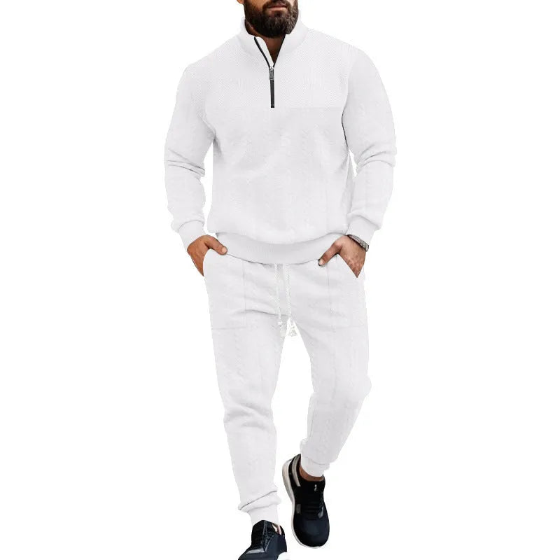 Men's casual fleece-lined warm-up track pants set in khaki, showing zippered jacket and matching pants
