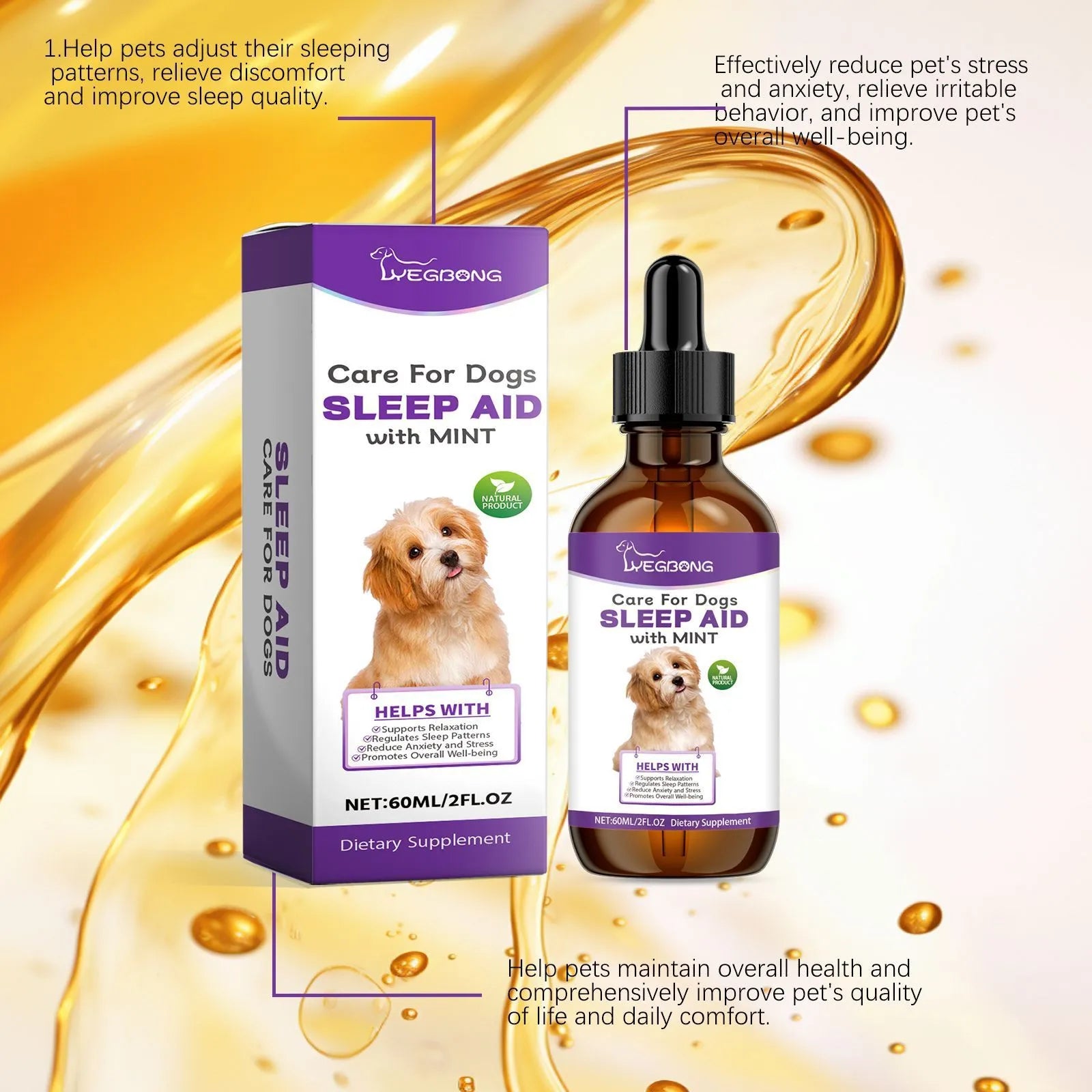 60ml bottle of dog calming sleep drops with a dropper, measuring 12cm tall.