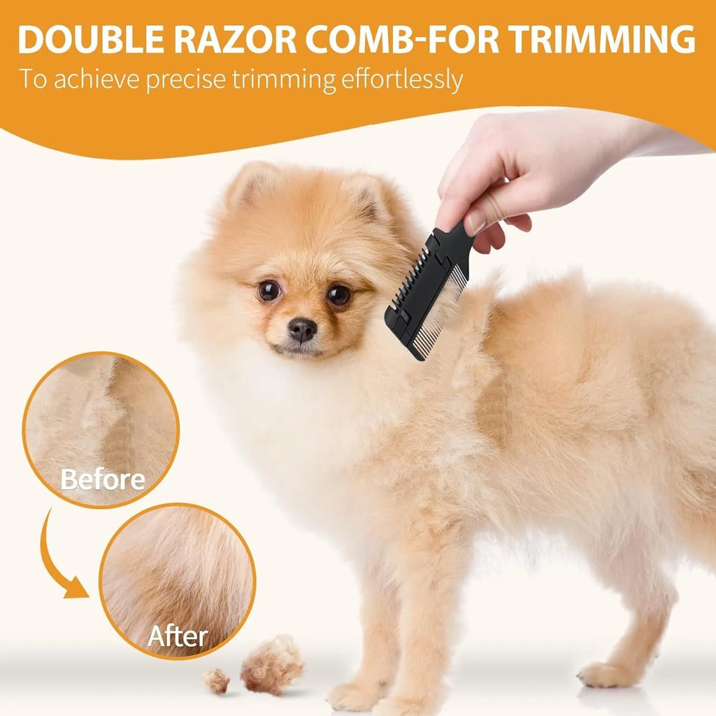 Pet razor comb with integrated trimmer blade and pack of ten replacement blades