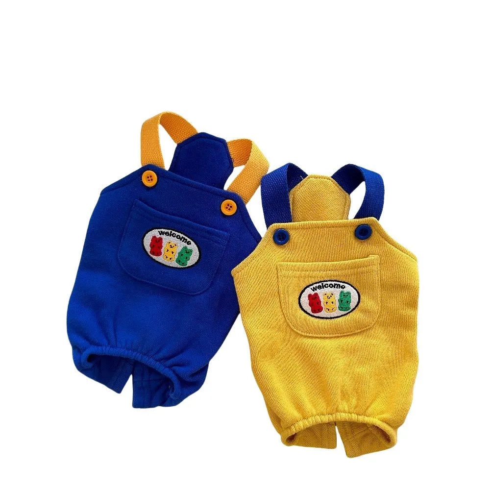 Blue polyester dog overalls on pet, unisex casual style, spring autumn wear
