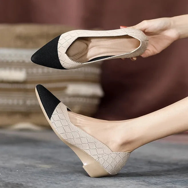 Women's knit wedge casual shoe in pearl grey with a 3-5cm heel and rubber sole.