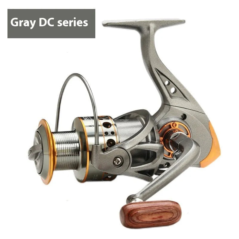 DC all-metal spool fishing wheel reel in grey gold finish with metal body